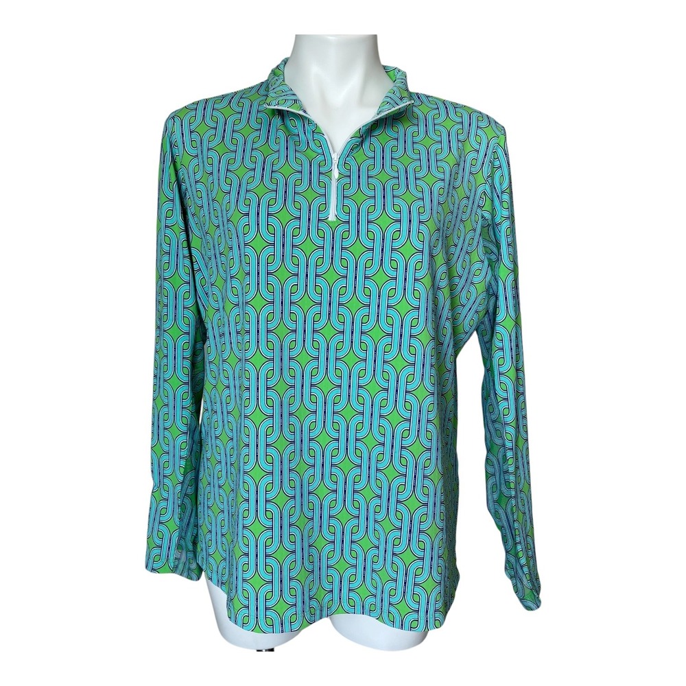IBKUL Andrea Green Long Sleeve 1/4 Zip Polo Golf Shirt Green Blue Chain Link XL